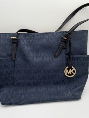 Michael Kors Jet Set Travel Navy MK Logo Jacquard Tote Bag Gold Hardware